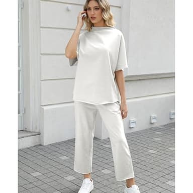 SeeLuNa Women's Two Piece Outfits 3/4 Batwing Sleeve Capelet Crew Neck Pullover Top Wide Leg Pants Lounge Set(Light Gray, L) - Image 5