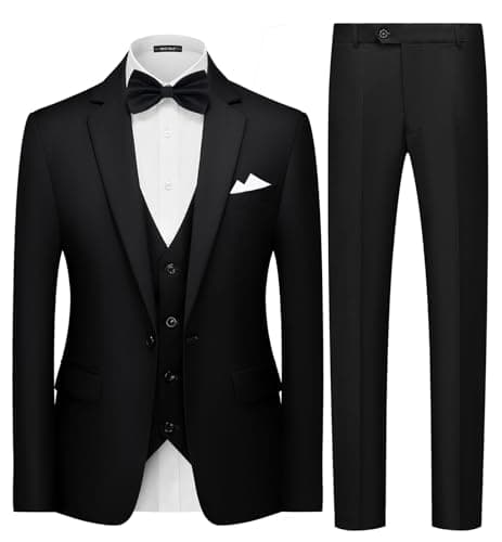 MAGE MALE Mens 3 Piece Suits Slim Fit Tuxedo Suit Set Soild Prom Wedding Suits One Button Blazer Vest Pants Set with Bow Tie Black - Image 1