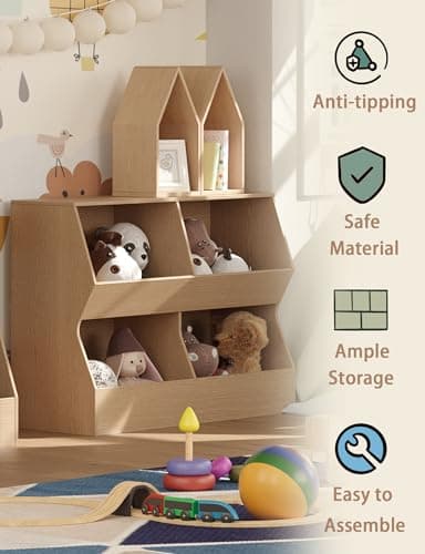 DINZI LVJ Kids Bookshelf, Toy Storage Organizer, Wooden Toy Storage Cabinet, 4 Cubby Children Bookcase, 43.3" L Toddler Book Shelf for Bedroom, Nursery, Hallway, School, Natural - Image 4