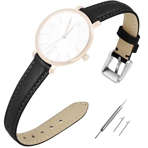 EACHE 12mm Leather Watch Bands for Women Ladies Quick Release Black Leather Watch Band Replacement Strap with Silver Buckle - Image 1