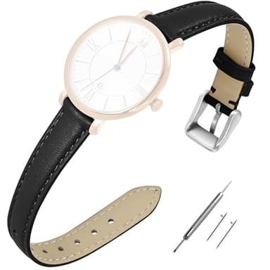 EACHE 12mm Leather Watch Bands for Women Ladies Quick Release Black Leather Watch Band Replacement Strap with Silver Buckle - Image 1