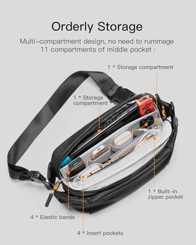 Inateck Sling Bag X, Multi-pocket Crossbody Shoulder Chest Bag with Adjustable Shoulder Strap, Water-resistant Waist Fanny Pack for Men, Women, Travel, Daily Use, Cycling, Hiking, Black, Large - Image 3