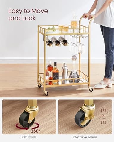 VASAGLE Bar Cart Gold, Home Bar Serving Cart, Wine Cart with 2 Mirrored Shelves, Wine Holders, Glass Holders, for Kitchen, Dining Room, Gold ULRC092A62 - Image 7
