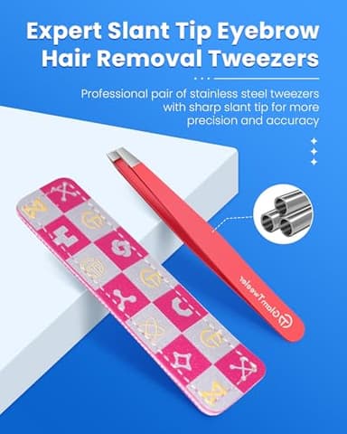 Expert Eyebrow Hair Removal Tweezer with Leather Case, GlamTweeler High Precision Slant Tip Stainless Steel Tweezers for Men and Women (Hot Pink) - Image 2