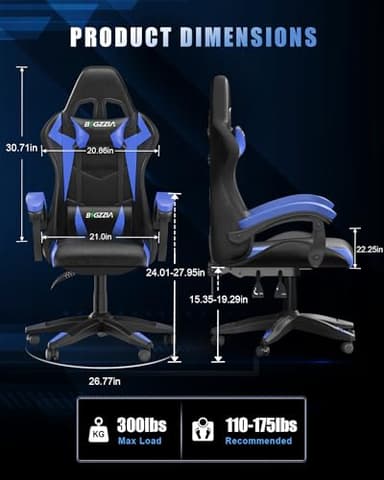 Bigzzia Gaming Chair with RGB LED Lights, High Back Ergonomic Computer Gamer Chair with Headrest and Lumbar Support, Racing Style Reclining Game Chair for Adults, Kids(Black/Blue) - Image 2