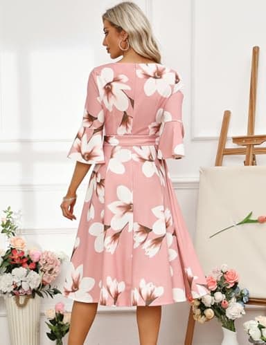 HomRain Modest for Church Elegant 3/4 Sleeve Dress for Women Casual Work Bell Sleeve Dresses for Formal Bridesmaid Wedding Guest Blush-White-Flower 3XL - Image 4