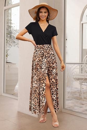 Newshows Women 2025 Summer Dress Casual Vacation Short Sleeve V Neck Spring Boho Split Beach Flowy Sundress Trendy(Brown Leopard,L) - Image 3