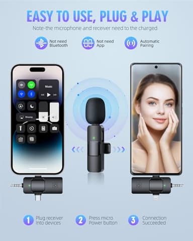 PQRQP 3 in 1 Wireless Lavalier Microphones for iPhone, iPad, Android, Camera, USB-C Microphone, 7-Hour Battery, Mini Microphone with Noise Reduction for Video Recording, Vlog, YouTube, TikTok - Image 4