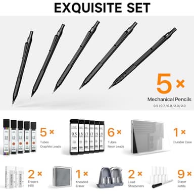Four Candies Metal Mechanical Pencil Set, 3PCS Art Drafting Pencils 0.5, 0.7, 0.9MM & 2PCS 2MM Mechanical Drawing Pencils with 420PCS Leads (4B 2B HB 2H Color) for Writing Sketching Drawing (Black) - Image 5