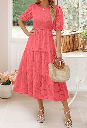 ZESICA Women's 2025 Summer Short Puff Sleeve Crewneck Smocked Floral Lace Flowy A Line Tiered Maxi Dresses,Watermelon,Large - Image 6