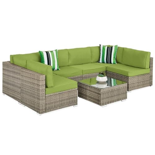 Best Choice Products 7-Piece Modular Outdoor Sectional Wicker Patio Conversation Set w/ 2 Pillows, Coffee Table, Cover Included - Taupe/Pistachio - Image 1