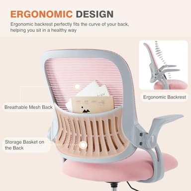 Sweetcrispy Home Office Computer Desk Chair, Ergonomic Mid-Back Mesh Rolling Work Swivel Task Chairs with Wheels, Comfortable Lumbar Support, Comfy Flip-up Arms for Bedroom, Study, Student, Pink - Image 3