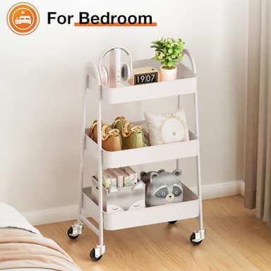 Sweetcrispy 3 Tier Metal Storage Utility Cart with Wheels, Kitchen Organizer Trolley Rolling Bathroom Laundry Room Bar Office Shelves Mobile Shelving Unit Caster for Snack Bedside Narrow Places, White - Image 7