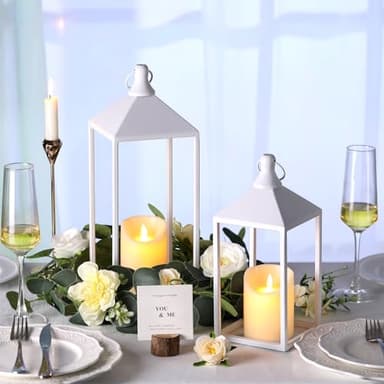 MATAHUM 2pcs Wedding Lanterns Decorative with LED Flameless Candle - White Vintage Farmhouse Metal Decorative Candle Lanterns for Wedding, Fireplace, Table Centerpiece, Indoor, Room, Valentine Decor - Image 5