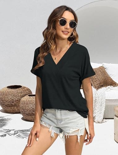 EyMuse Womens Tshirts V Neck Short Sleeve Tee Solid Color Blouse Loose Fit 2024 Summer Casual Tops Black,L - Image 5