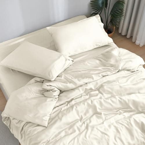 DOZ Sheet Set, 100% Viscose derived from Bamboo, Organically Grown, Buttery Soft, Cooling Sheets, High GSM, Deep Pockets - 4 Piece - 2 Pillowcases 1 Fitted Sheet 1 Top Sheet (Ivory, King) - Image 1