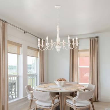 French Country Chandelier 8 Lights White Modern Farmhouse Chandeliers for Dining Room Light Fixture Rustic Candle Wood Pendant Lights for Living Room Kitchen Bedroom Island - Image 3