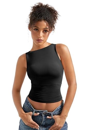 SUUKSESS Women Double Lined Sleeveless Going Out Basic Tank Tops Ruched Summer Casual T Shirts (Black,Small) - Image 2
