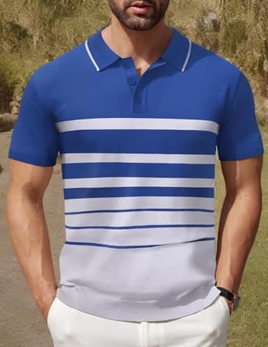 COOFANDY Men's Short Sleeve Polo Shirts Striped Knit Polo Shirt Lightweight Fashion Casual Collared T Shirts, Blue and White, Medium - Image 6
