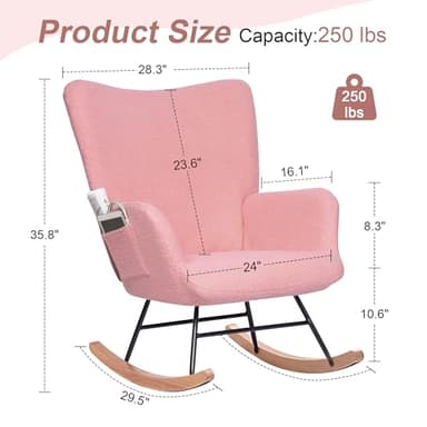 VECELO Rocking Chair Nursery Teddy Upholstered Glider Rocker with High Backrest, Padded Seat, Side Pocket, for LivingRoom, Bedroom, Baby Room - Image 2
