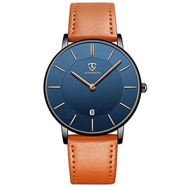 BEN NEVIS Watch, Mens Watch, Minimalist Fashion Simple Wrist Watch Analog Date with Leather Strap Orange Blue - Image 1