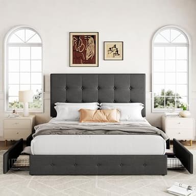 Allewie Upholstered Queen Size Platform Bed Frame with 4 Storage Drawers and Headboard, Square Stitched Button Tufted, Mattress Foundation with Wooden Slats Support, No Box Spring Needed, Dark Grey - Image 3