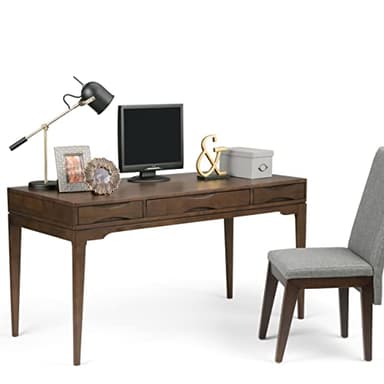 SIMPLIHOME Harper Desk - 60-Inch Wide Solid Hardwood Writing Desk in Walnut Brown, Mid-Century Modern Home Office Computer Table for Workspace or Study with 2 Drawers and Flip-Down Keyboard Tray - Image 4