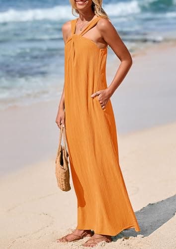 PRETTYGARDEN Womens 2025 Casual Long Summer Dresses Sleeveless Strappy Loose Flowy Beach Vacation Maxi Dress with Pockets (Orange Yellow,X-Large) - Image 6