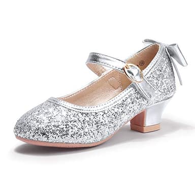 PANDANINJIA Girls Toddler/Little Kid Jada Dress Mary Jane Pumps with Heels Bow Party Wedding Princess Shoes (Silver Sequin, 10 M US Toddler) - Image 1