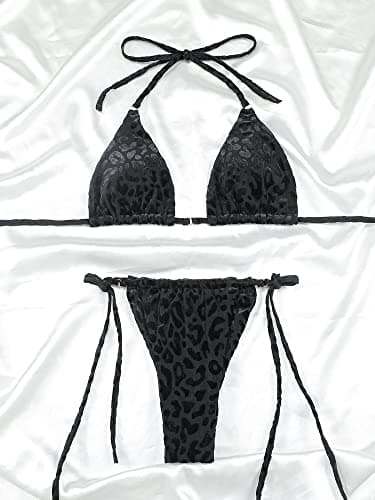 Women Halter String Bikini Set Sexy Thong Cheeky Cheetah Print Two Piece Swimsuits Solid Color Bathing Swimwear (Leopard Print Black, Medium) - Image 4
