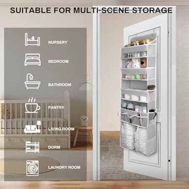 DCCDU Over The Door Organizer, 5 Tiers Hanging Nursery Storage Closet Organizer with Movable Shelf, Large Capacity Caddy, 10 Side Pockets, Back of Door for Bedroom Bathroom Dorm Decor, Grey - Image 4