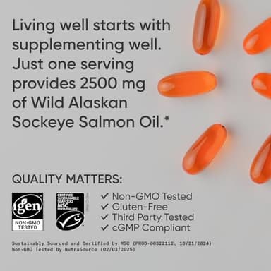 Sports Research® Salmon Oil - Single-Source Wild Alaskan Sockeye | 2500 mg per Serving w/EPA & DHA Fatty Acids | MSC Certified - 180 Count Softgels - Image 4