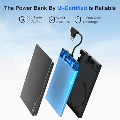 Portable Charger with Built-in Cables - 0.3" Slim, 5000mAh Power Bank with USB-C Cord Wires, 20W PD Fast Charging Battery Pack, Charge Card Phone Charger for iPhone 14 13 12, Samsung Pixel LG (Grey) - Image 8