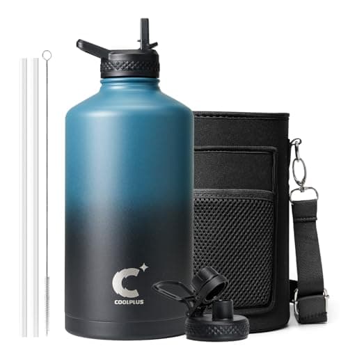 Coolplus Gallon Water bottle insulated with straw, Water Jug 128 oz Stainless Steel Double-Walled Vacuum Metal Large Flask With Carry Sleeve Bpa-Free Leakproof, Keep Cold 48 Hrs, Blue Black - Image 1