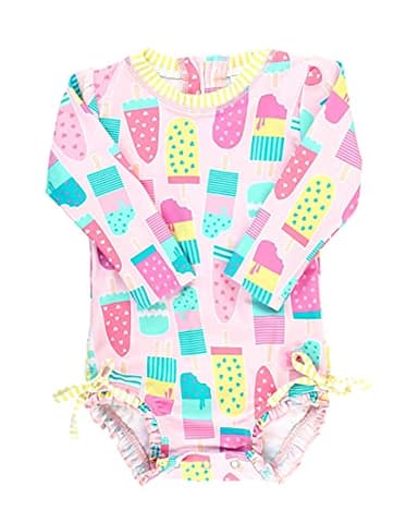 RuffleButts Baby Girls UPF 50+ Sun Protection Novelty Print Long Sleeve One Piece Rash Guard Swimsuit with Zipper - Ice Cream Social, 18-24m - Image 1