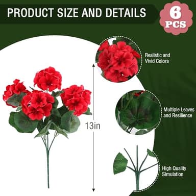 Hananona 6 Pcs Artificial Geranium Flowers for Outdoors Geranium Silk Red Flower Outdoor UV Resistant Garden Plants Faux Flowers for Christmas Home Kitchen Table Centerpieces Decor (6, Red) - Image 4