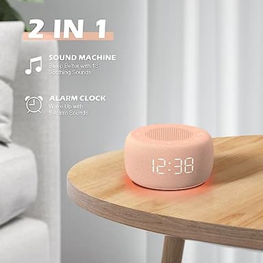 Buffbee Sound Machine & Alarm Clock 2-in-1, 0-100% Clock Face Brightness, Bottom Colored Light, Sleep Timer, Precise 30-Level Volume White Noise Machine, Digital Alarm Clocks for Bedrooms - Peach - Image 2