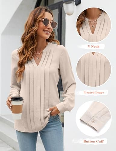 Blooming Jelly Women's Dressy Casual Blouses Business Work Tops Trendy Long Sleeve V Neck Flowy Pleated Shirts 2025 Fall Outfits (Apricot,Medium) - Image 2