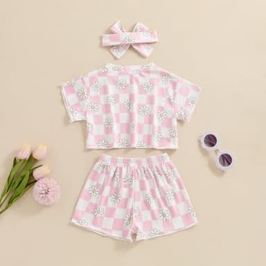 Toddler Girl Clothes Baby Girls Outfits Summer Floral Checkerboard Print Shirt+Shorts+Headband 3pcs Baby Clothing (Pink, 6-12 Months) - Image 4