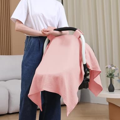 100% Muslin Cotton Car Seat Cover Baby, Carseat Canopy Cover, Universal Fit Stroller Covers for Boys and Girls (Pink) - Image 2