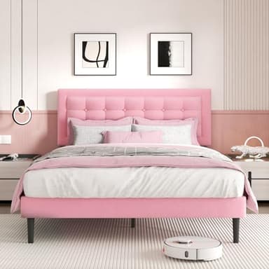 CXVX Queen Size Bed Frame with Headboard, Platform Bed Frame with Velvet Upholstered Button Tufted Headboard, Wood Slats Support, No Box Spring Needed, Mattress Foundation, Easy Assembly, Pink - Image 3