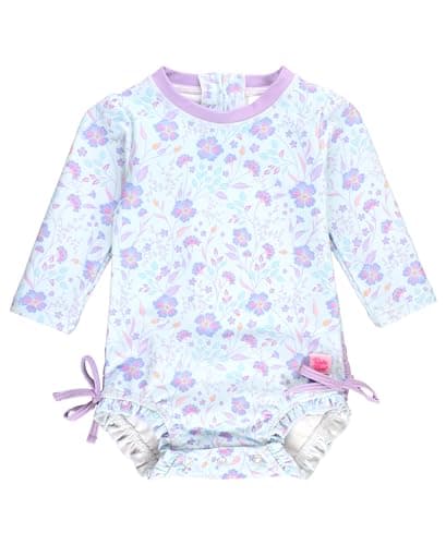 RuffleButts Baby Girls UPF 50+ Sun Protection Floral Printed Long Sleeve One Piece Rash Guard Swimsuit with Zipper - Fairytale Garden, 6-12m - Image 1