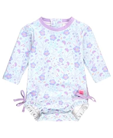 RuffleButts Baby Girls UPF 50+ Sun Protection Floral Printed Long Sleeve One Piece Rash Guard Swimsuit with Zipper - Fairytale Garden, 6-12m - Image 1