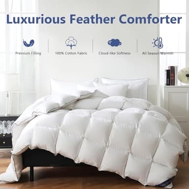 DOWNCOOL Feather Comforter King Size, White Fluffy Duvet Insert King with Ultra Soft 100% Cotton Cover, All Season Luxurious Hotel Bed Comforter with Corner Tabs, 106"x90" - Image 2