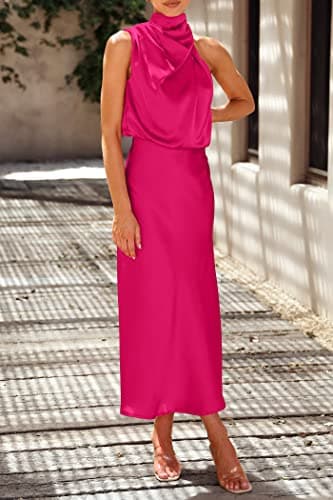 PRETTYGARDEN Women's 2025 Summer Satin Dress Elegant Sleeveless Mock Neck Cocktail Party Maxi Dresses (Rose Red,Small) - Image 6