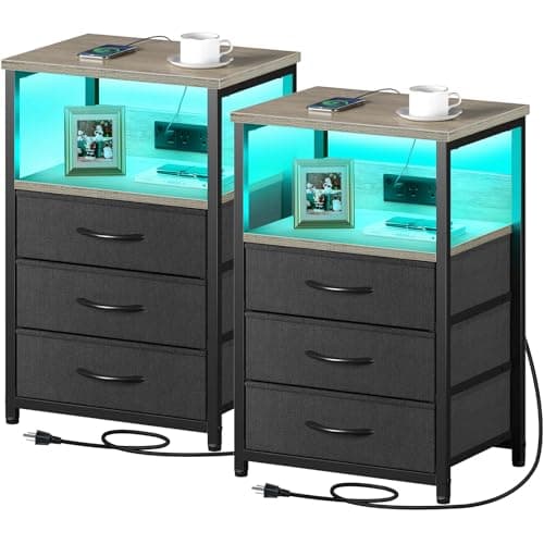Seventable Nightstand with Charging Station and LED Light, Set of 2 Side Table with 3 Fabric Drawers, Bedside End Table with USB Ports and Outlets, Night Stand for Bedroom, Greige - Image 1