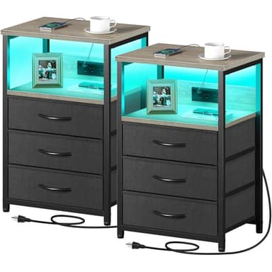Seventable Nightstand with Charging Station and LED Light, Set of 2 Side Table with 3 Fabric Drawers, Bedside End Table with USB Ports and Outlets, Night Stand for Bedroom, Greige - Image 1