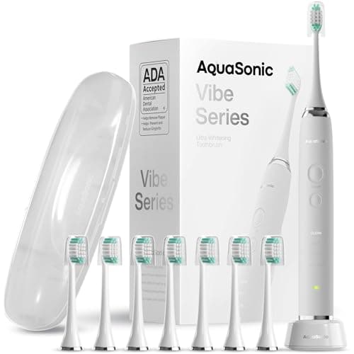 Aquasonic Vibe Series Ultra-Whitening Toothbrush – ADA Accepted Electric Toothbrush - 8 Brush Heads & Travel Case – 40,000 VPM Motor & Wireless Charging - 4 Modes w Smart Timer – Optic White - Image 1