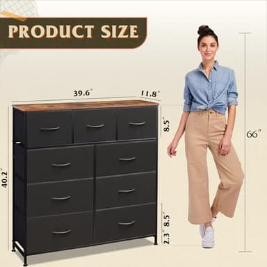 WLIVE 9 Drawer Dresser, Fabric Storage Tower for Bedroom, Hallway, Closet, Tall Chest Organizer Unit for Bedroom with Fabric Bins, Steel Frame, Wood Top, Easy Pull Handle, Black and Rustic Brown - Image 3
