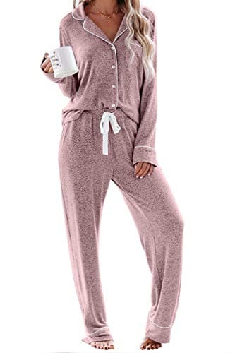 Aamikast Women's Two-piece Classic knit Pajama Sets Long Sleeve Button Down Sleepwear (M, Pink) - Image 1